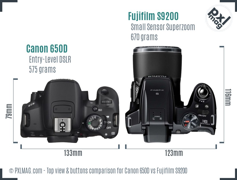 Canon 650D vs Fujifilm S9200 top view buttons comparison