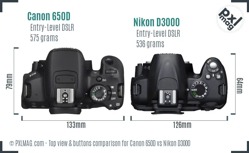 Canon 650D vs Nikon D3000 top view buttons comparison
