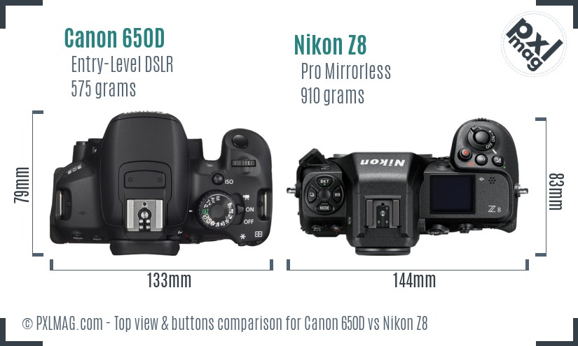 Canon 650D vs Nikon Z8 top view buttons comparison