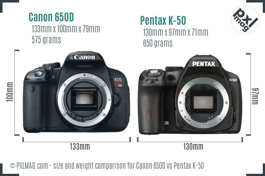 Canon 650D vs Pentax K-50 size comparison