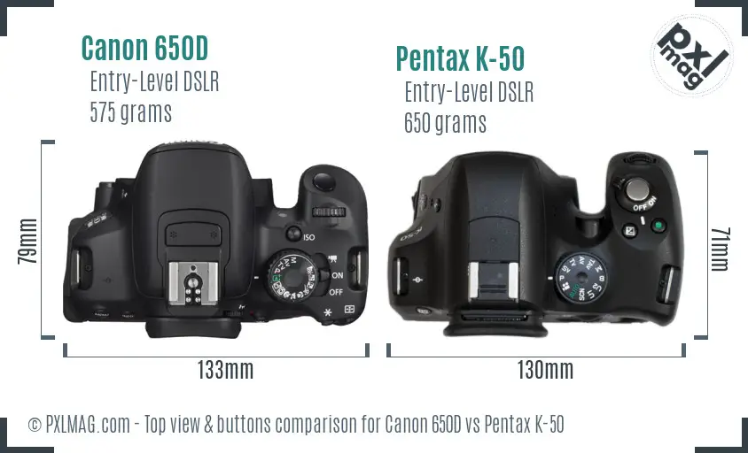 Canon 650D vs Pentax K-50 top view buttons comparison