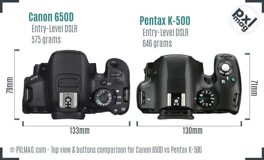 Canon 650D vs Pentax K-500 top view buttons comparison