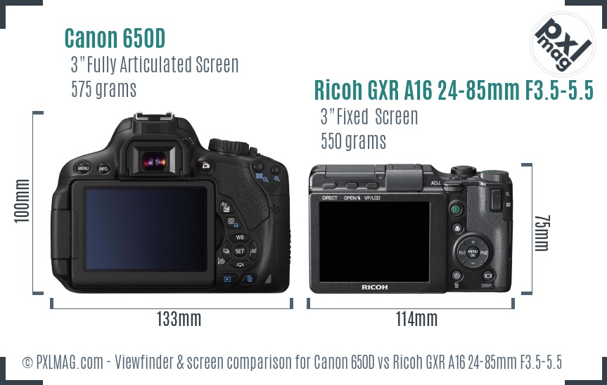 Canon 650D vs Ricoh GXR A16 24-85mm F3.5-5.5 Screen and Viewfinder comparison