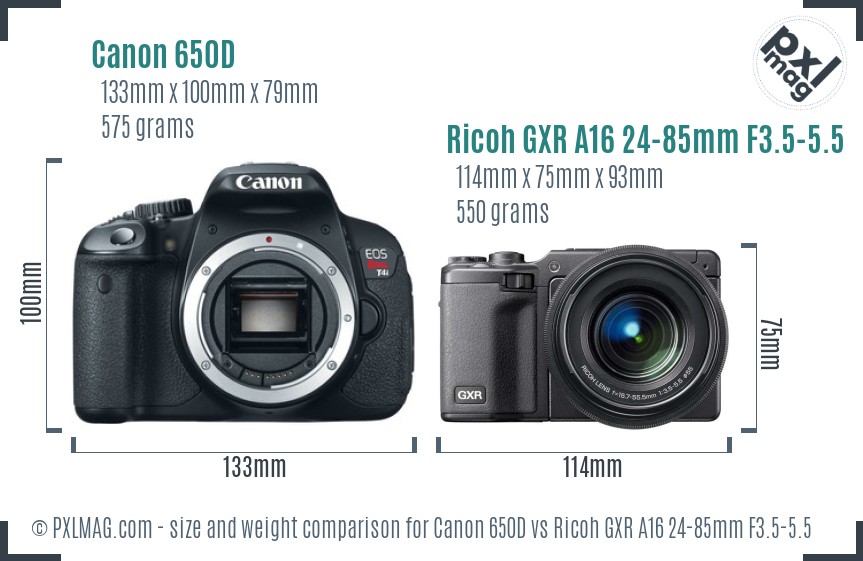Canon 650D vs Ricoh GXR A16 24-85mm F3.5-5.5 size comparison Canon 650D vs Ricoh GXR A16 24-85mm F3.5-5.5 size comparison