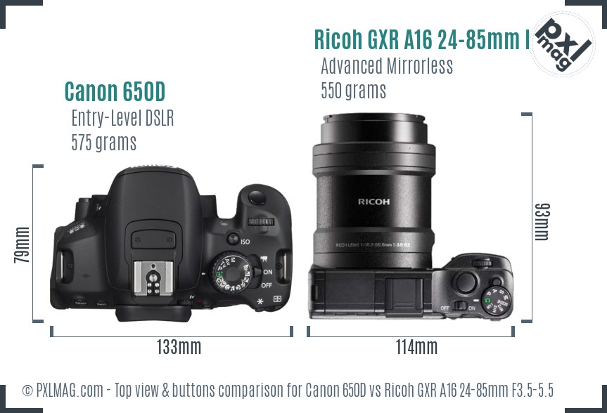 Canon 650D vs Ricoh GXR A16 24-85mm F3.5-5.5 top view buttons comparison