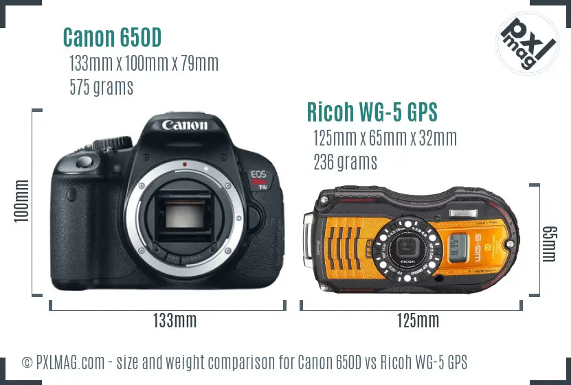 Canon 650D vs Ricoh WG-5 GPS size comparison