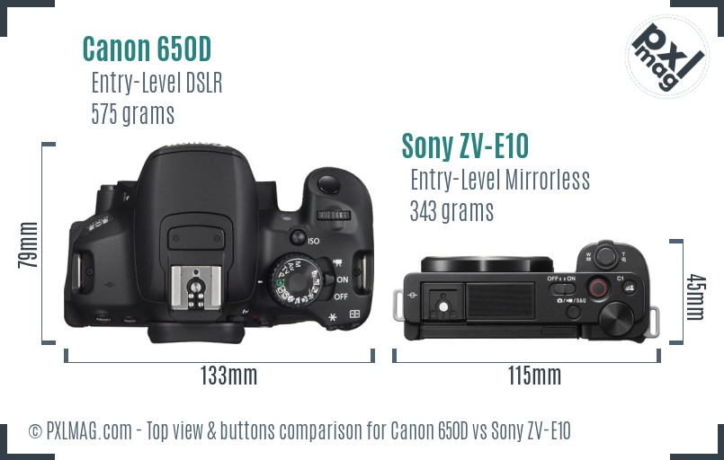 Canon 650D vs Sony ZV-E10 top view buttons comparison