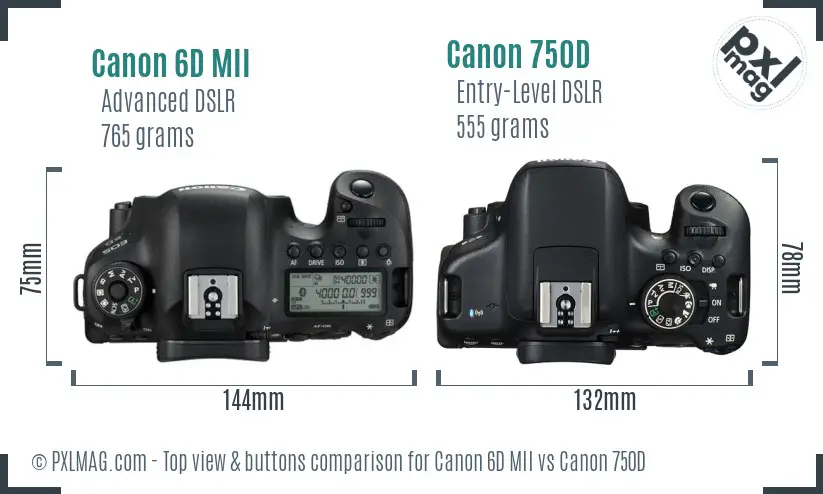 Canon 6D MII vs Canon 750D top view buttons comparison