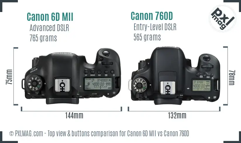 Canon 6D MII vs Canon 760D top view buttons comparison
