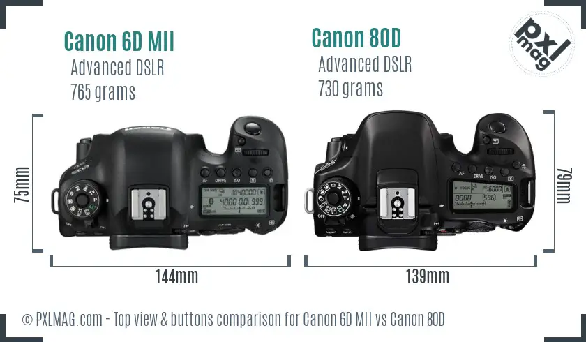Canon 6D MII vs Canon 80D top view buttons comparison