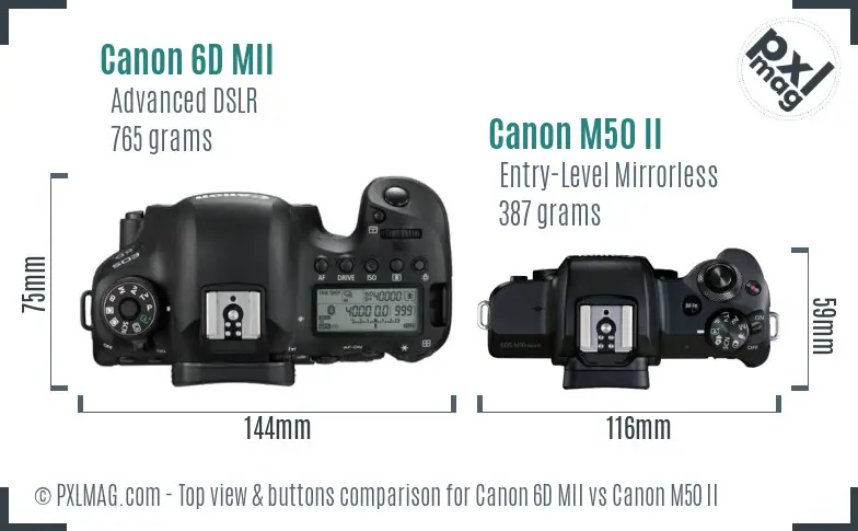 Canon 6D MII vs Canon M50 II top view buttons comparison