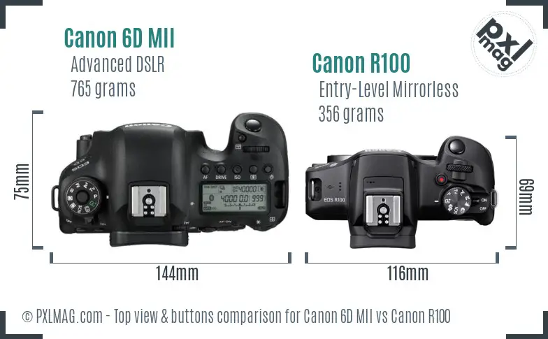 Canon 6D MII vs Canon R100 top view buttons comparison Canon 6D MII vs Canon R100 top view buttons comparison