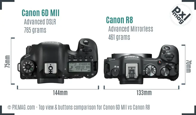 Canon 6D MII vs Canon R8 top view buttons comparison Canon 6D MII vs Canon R8 top view buttons comparison