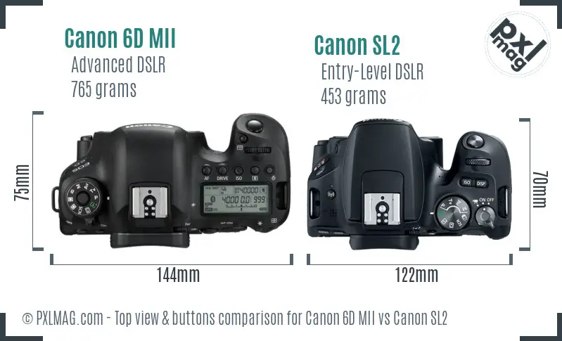 Canon 6D MII vs Canon SL2 top view buttons comparison Canon 6D MII vs Canon SL2 top view buttons comparison