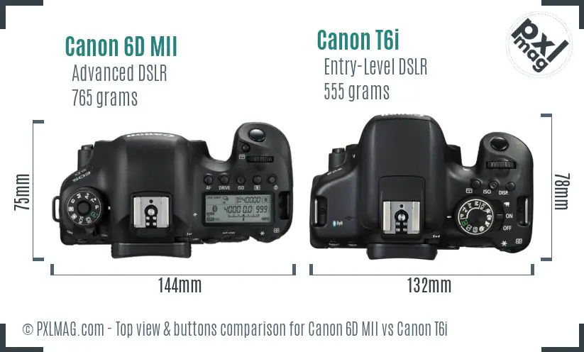 Canon 6D MII vs Canon T6i top view buttons comparison