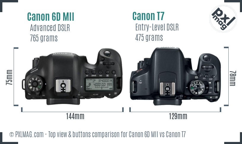 Canon 6D MII vs Canon T7 top view buttons comparison