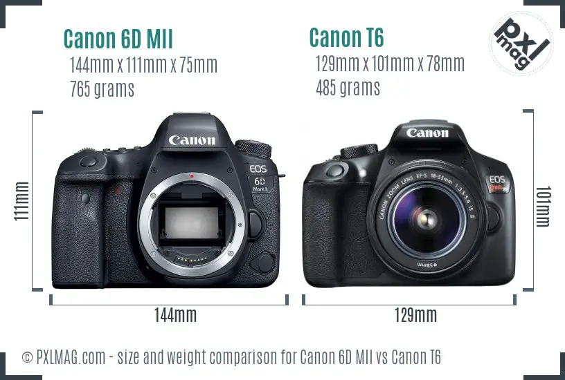 Canon 6D MII vs Canon T6 size comparison