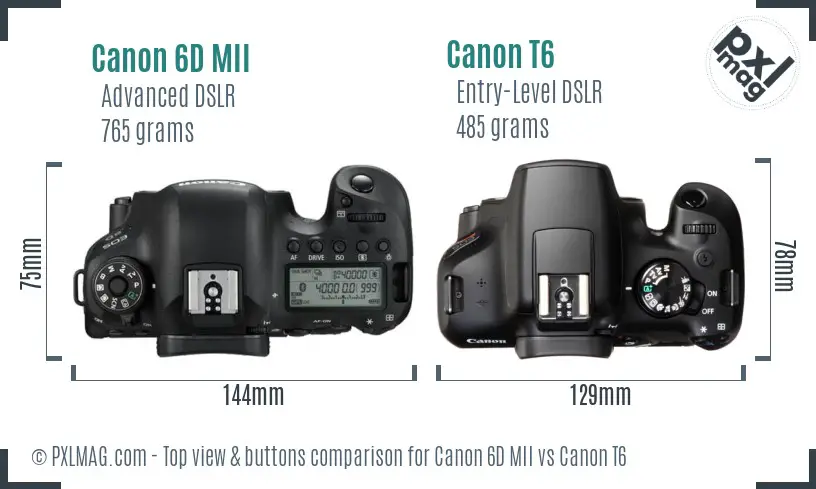 Canon 6D MII vs Canon T6 top view buttons comparison