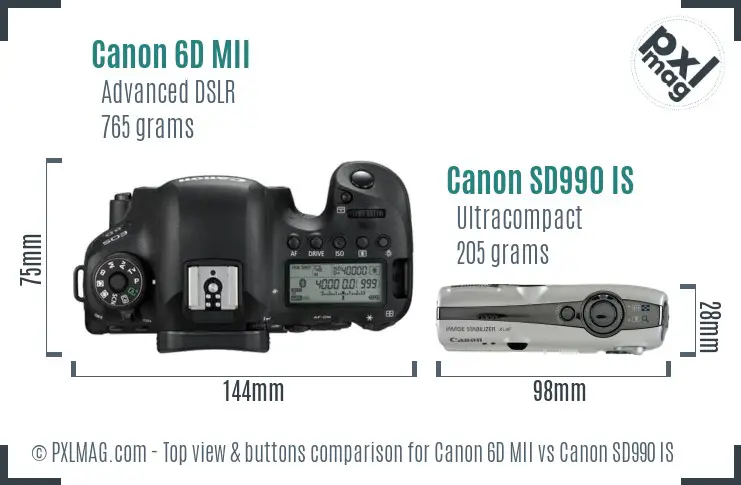 Canon 6D MII vs Canon SD990 IS top view buttons comparison