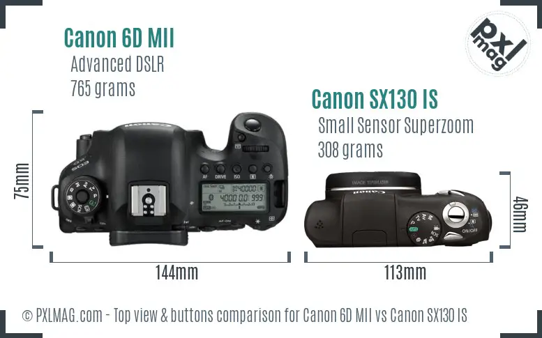 Canon 6D MII vs Canon SX130 IS top view buttons comparison