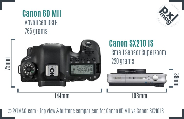 Canon 6D MII vs Canon SX210 IS top view buttons comparison