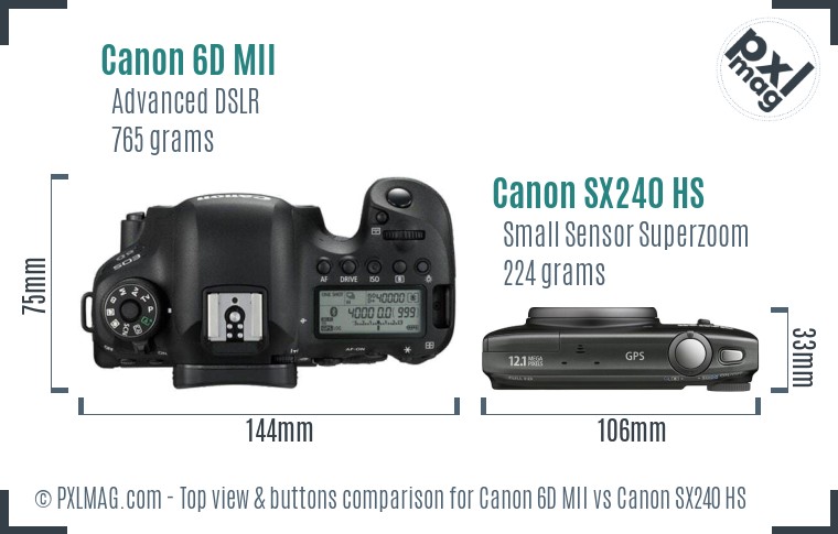 Canon 6D MII vs Canon SX240 HS top view buttons comparison