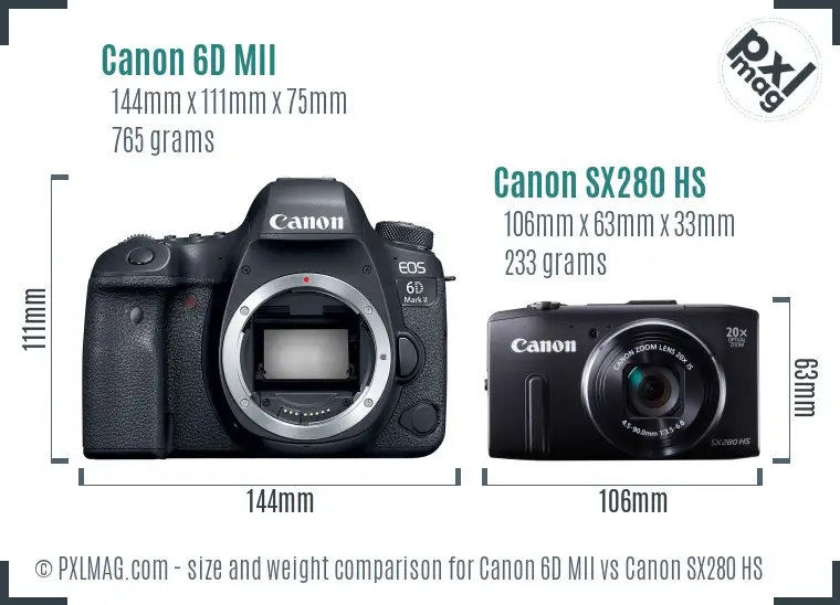 Canon 6D MII vs Canon SX280 HS size comparison