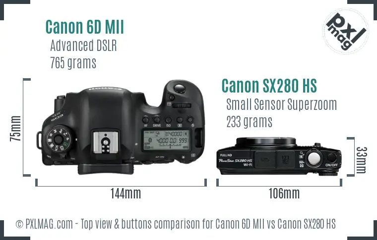 Canon 6D MII vs Canon SX280 HS top view buttons comparison