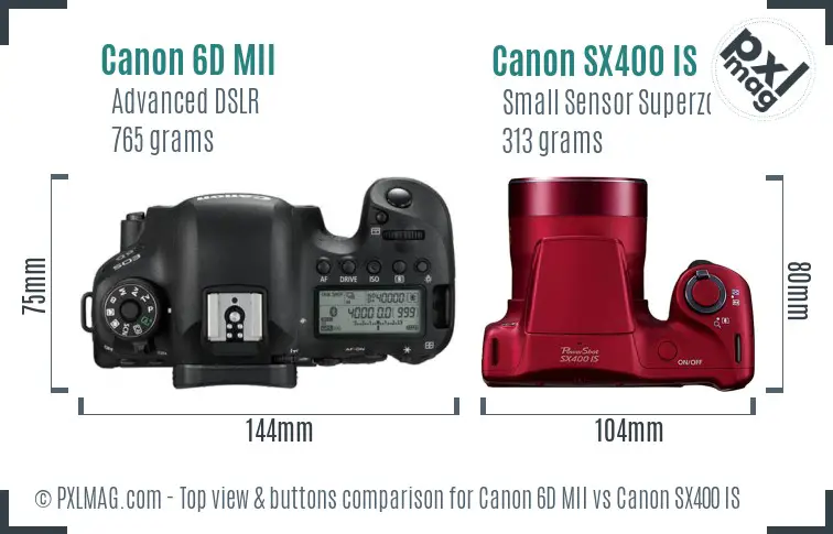 Canon 6D MII vs Canon SX400 IS top view buttons comparison