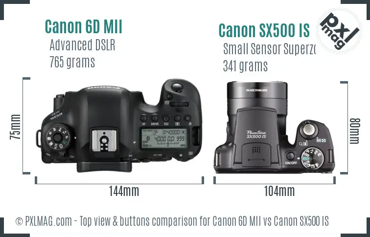 Canon 6D MII vs Canon SX500 IS top view buttons comparison