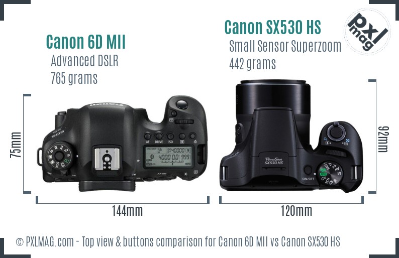 Canon 6D MII vs Canon SX530 HS top view buttons comparison