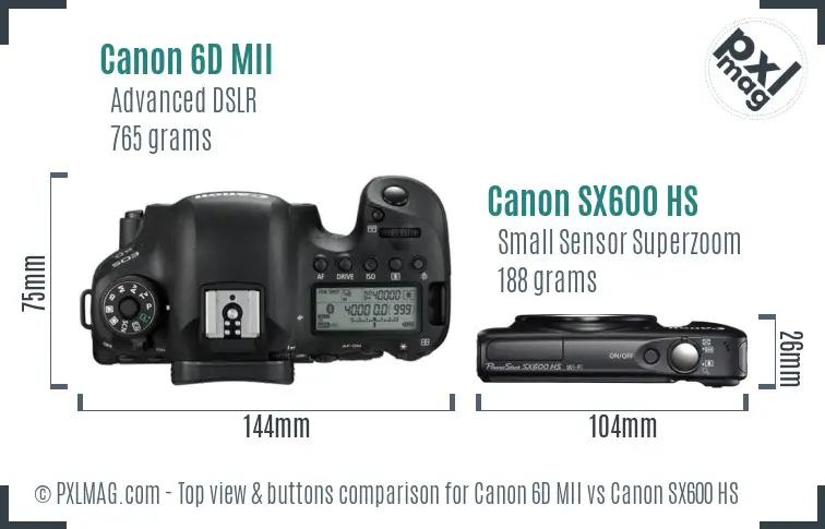 Canon 6D MII vs Canon SX600 HS top view buttons comparison Canon 6D MII vs Canon SX600 HS top view buttons comparison