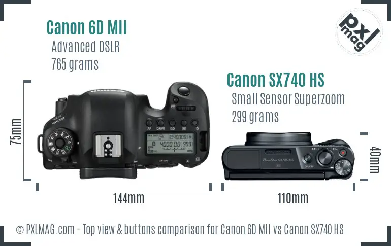 Canon 6D MII vs Canon SX740 HS top view buttons comparison