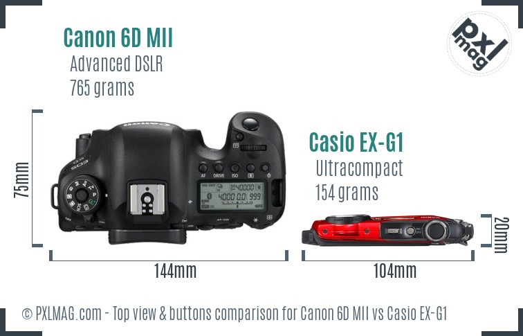 Canon 6D MII vs Casio EX-G1 top view buttons comparison