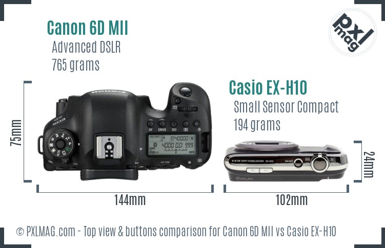 Canon 6D MII vs Casio EX-H10 top view buttons comparison