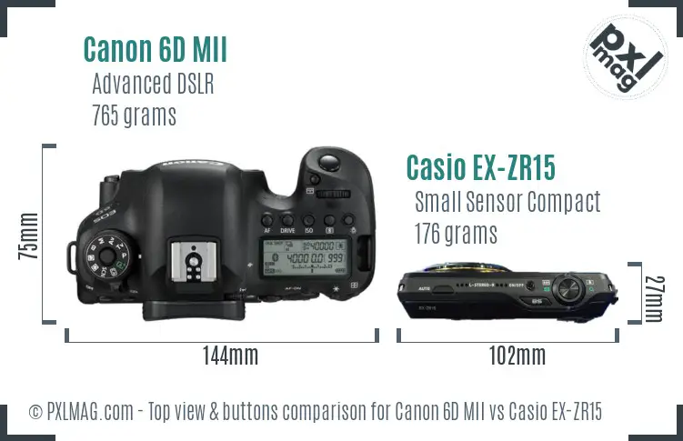 Canon 6D MII vs Casio EX-ZR15 top view buttons comparison