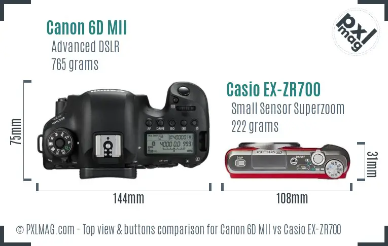 Canon 6D MII vs Casio EX-ZR700 top view buttons comparison Canon 6D MII vs Casio EX-ZR700 top view buttons comparison