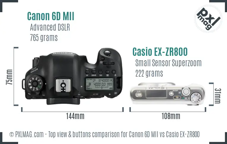 Canon 6D MII vs Casio EX-ZR800 top view buttons comparison Canon 6D MII vs Casio EX-ZR800 top view buttons comparison