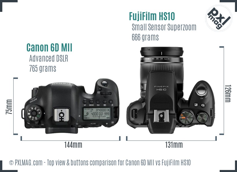 Canon 6D MII vs FujiFilm HS10 top view buttons comparison