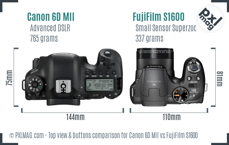 Canon 6D MII vs FujiFilm S1600 top view buttons comparison