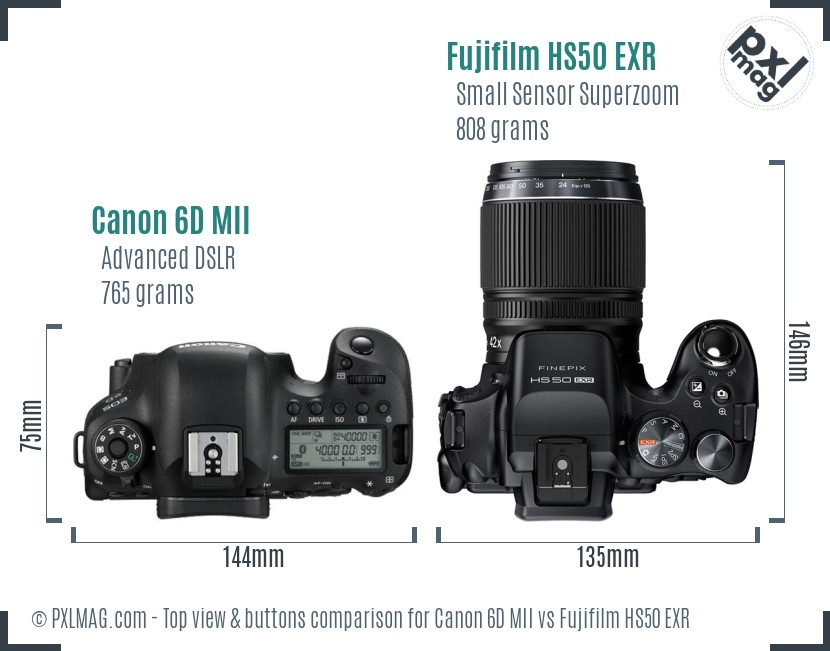 Canon 6D MII vs Fujifilm HS50 EXR top view buttons comparison