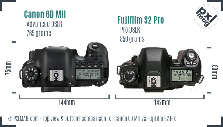 Canon 6D MII vs Fujifilm S2 Pro top view buttons comparison