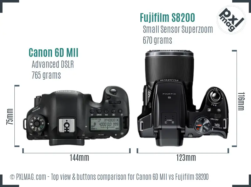 Canon 6D MII vs Fujifilm S8200 top view buttons comparison