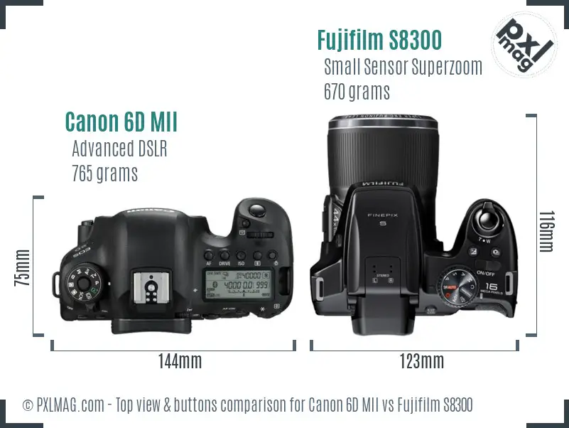 Canon 6D MII vs Fujifilm S8300 top view buttons comparison Canon 6D MII vs Fujifilm S8300 top view buttons comparison