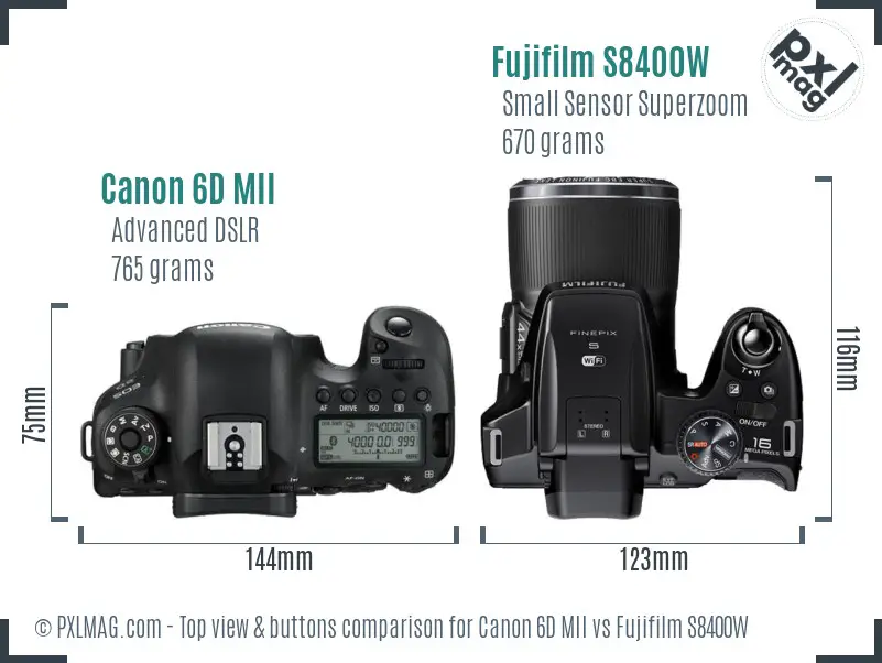 Canon 6D MII vs Fujifilm S8400W top view buttons comparison