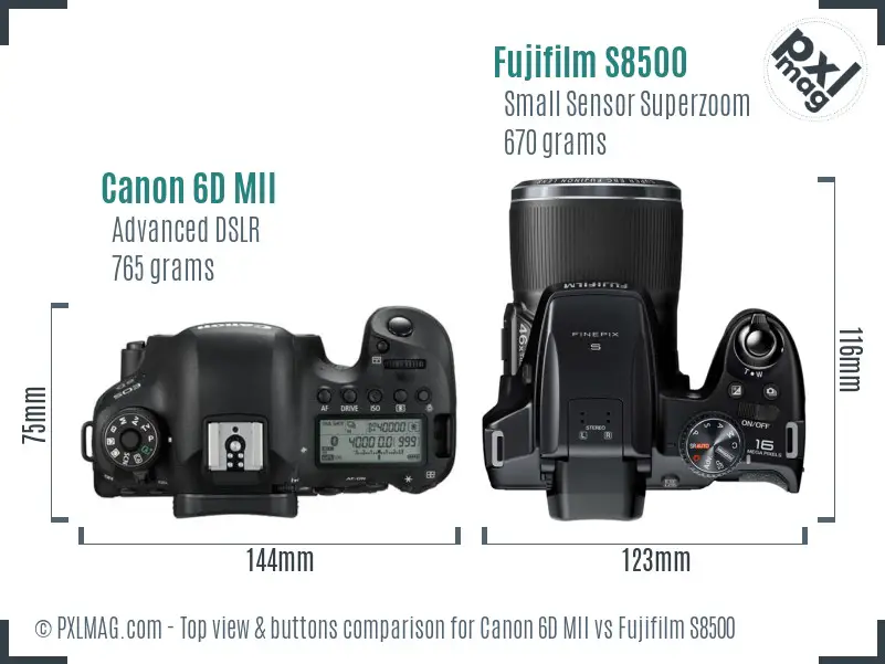 Canon 6D MII vs Fujifilm S8500 top view buttons comparison Canon 6D MII vs Fujifilm S8500 top view buttons comparison