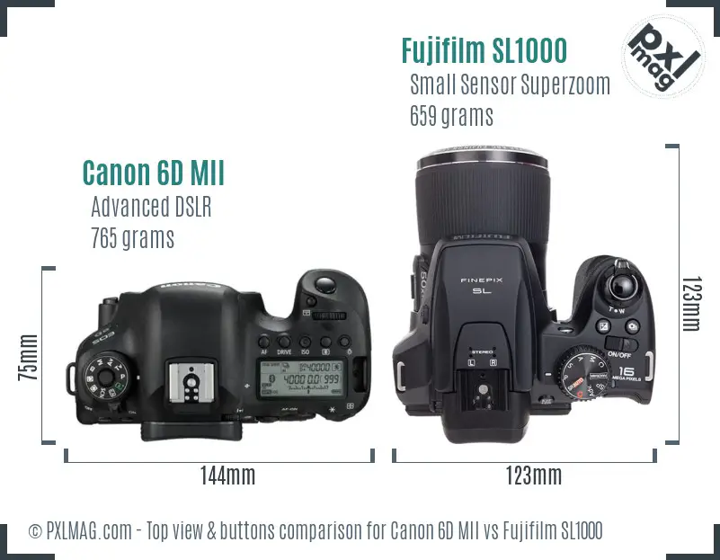 Canon 6D MII vs Fujifilm SL1000 top view buttons comparison Canon 6D MII vs Fujifilm SL1000 top view buttons comparison