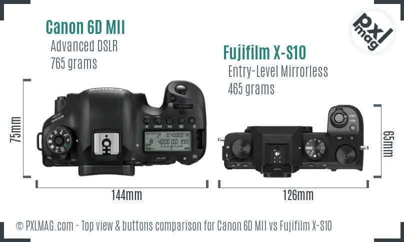 Canon 6D MII vs Fujifilm X-S10 top view buttons comparison