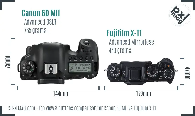 Canon 6D MII vs Fujifilm X-T1 top view buttons comparison Canon 6D MII vs Fujifilm X-T1 top view buttons comparison