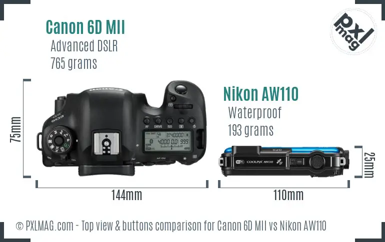 Canon 6D MII vs Nikon AW110 top view buttons comparison